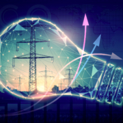 Renewable energy concept. Glowing symbolic light bulb and power transmission lines. Ascending arrows. Increasing production of clean electricity, energy security, recycling. Graphic design on photo Elektrischer Strom ist für uns heute eine Selbstverständlichkeit. Wir drücken den Schalter, schalten das Gerät ein und schon funktioniert alles.